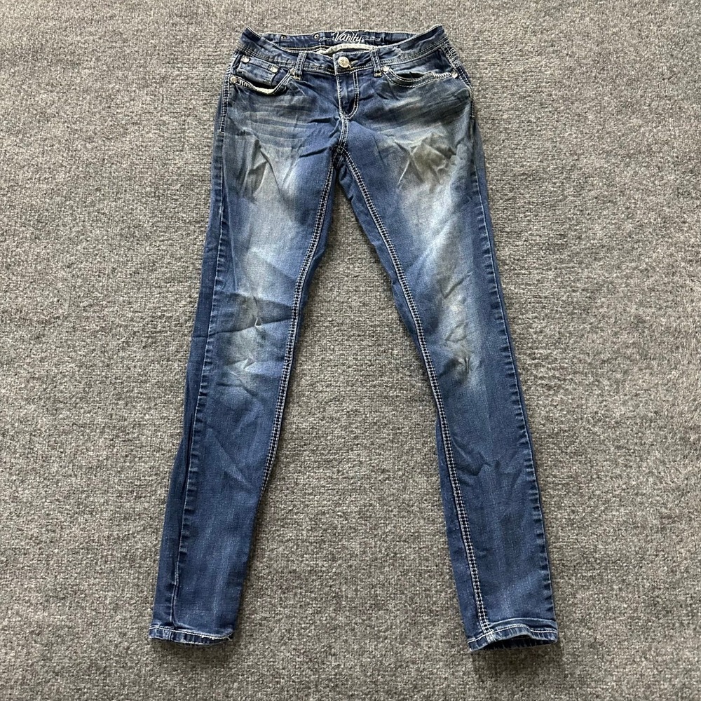 Vanity Jeans Womens Size 28 Medium Wash Skinny Rhinestone Studded Whiskered